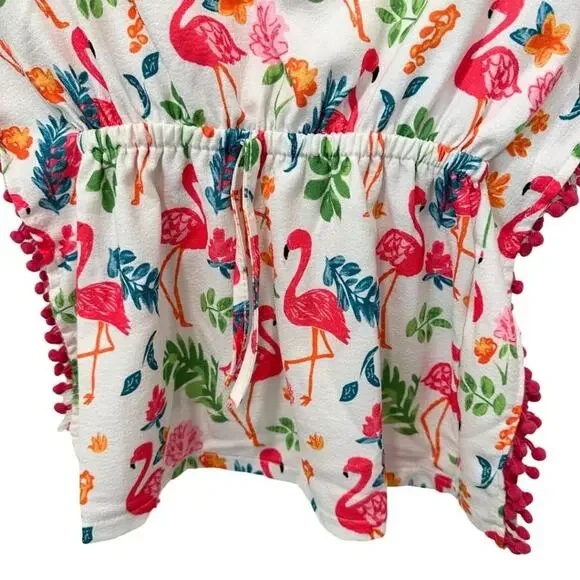 Swim Cover Up Flamingo and Tropical Print Pink, Ivory, Green 2T - Picture 4 of 6